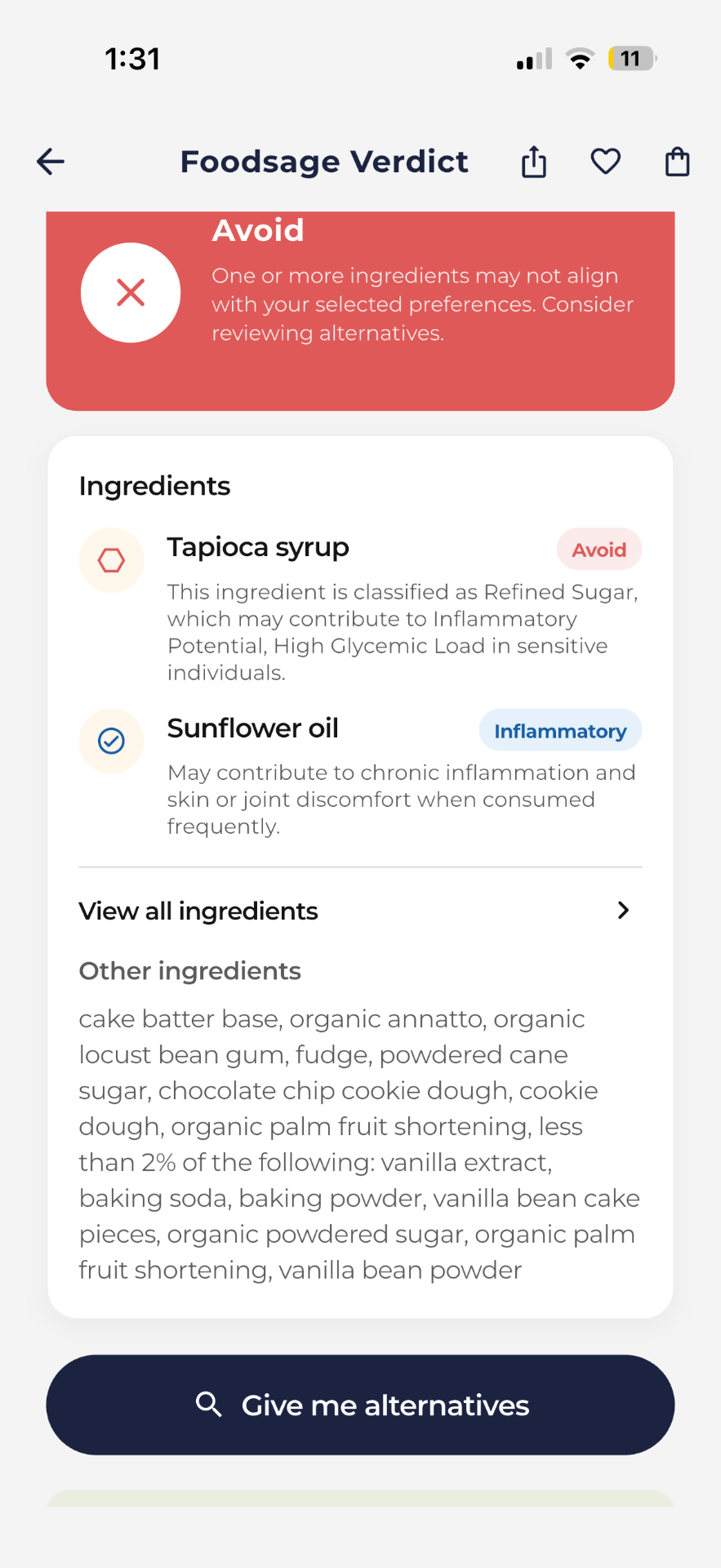 Foodsage Better alternatives screen