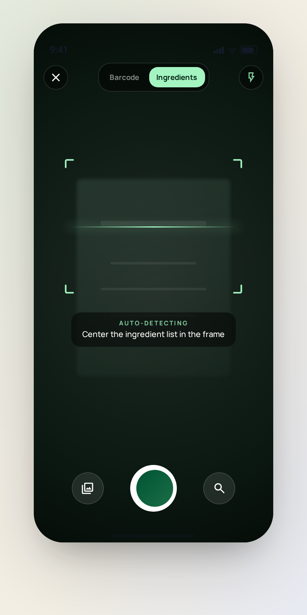 SafaScan Scan screen — Auto-detects ingredient lists in the camera frame.