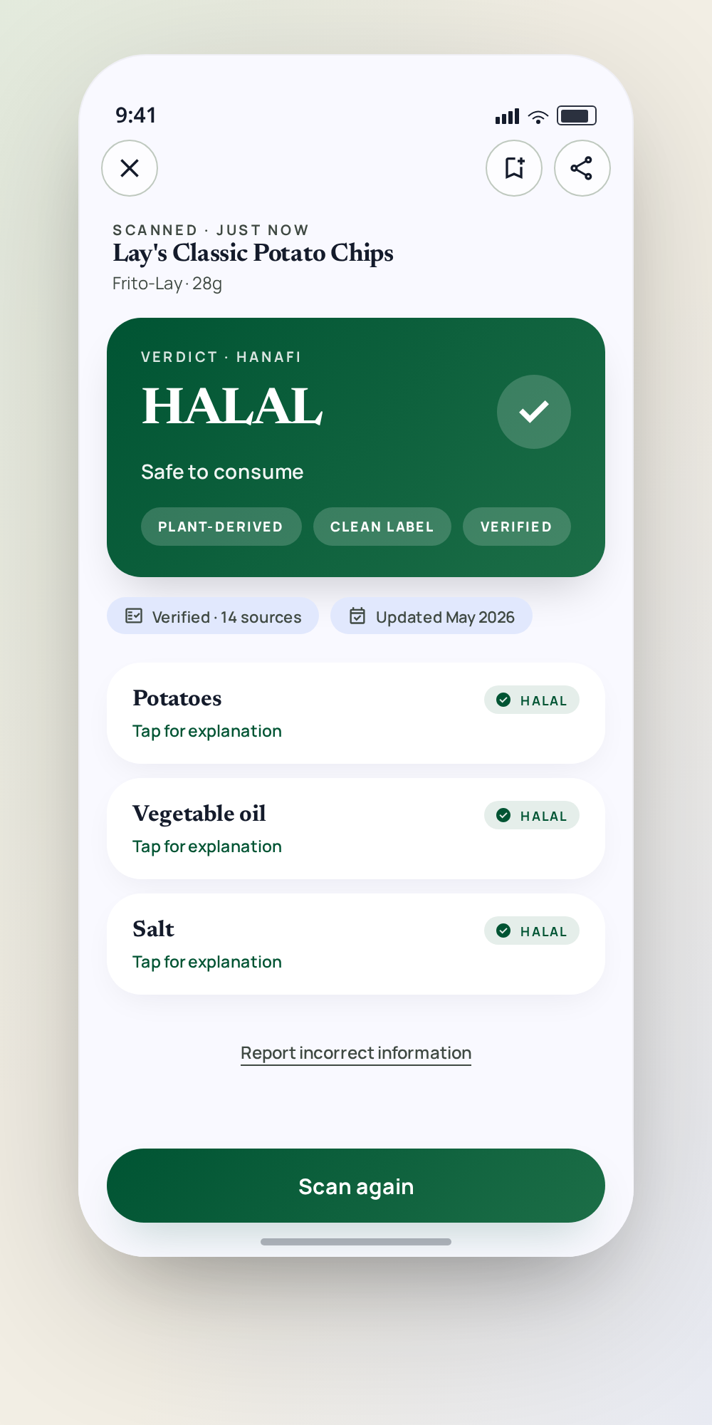 SafaScan Verdict screen — Clear Halal / Mushbooh / Haram verdict per ingredient.