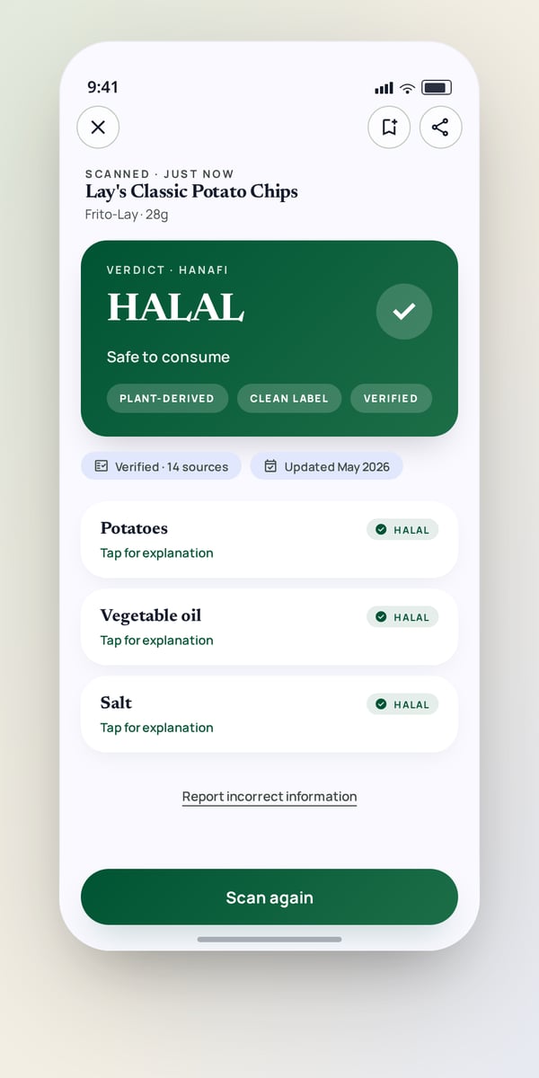 SafaScan Verdict screen — Clear Halal, Mushbooh, or Haram result for every ingredient, with the reason attached.