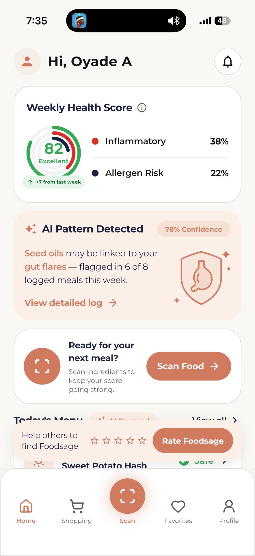 Foodsage Weekly health score screen