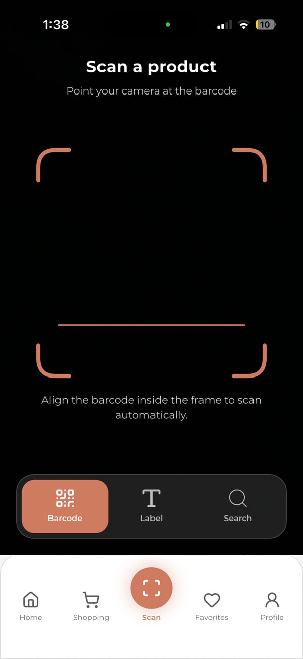 Foodsage scan screen with a barcode frame and Barcode, Label and Search modes