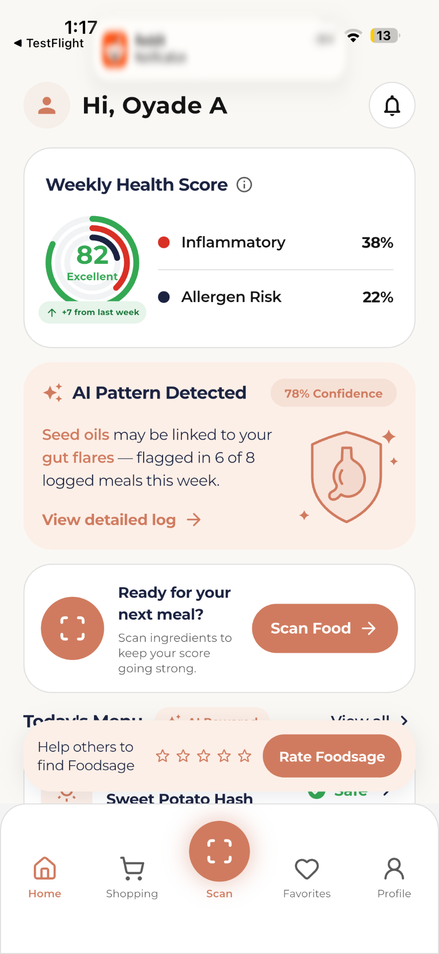 Foodsage app home screen showing weekly health score and AI-detected inflammatory pattern