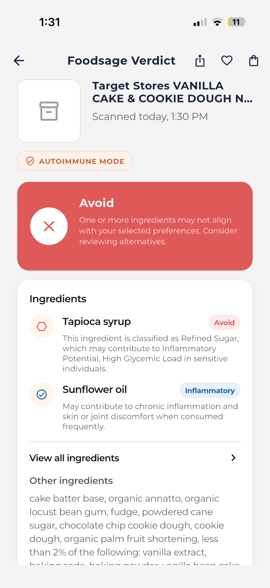 Foodsage Autoimmune mode screen