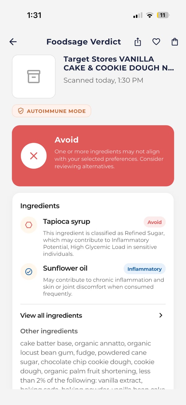 Foodsage verdict screen in Autoimmune Mode showing an Avoid result, with tapioca syrup flagged as refined sugar and sunflower oil flagged as inflammatory