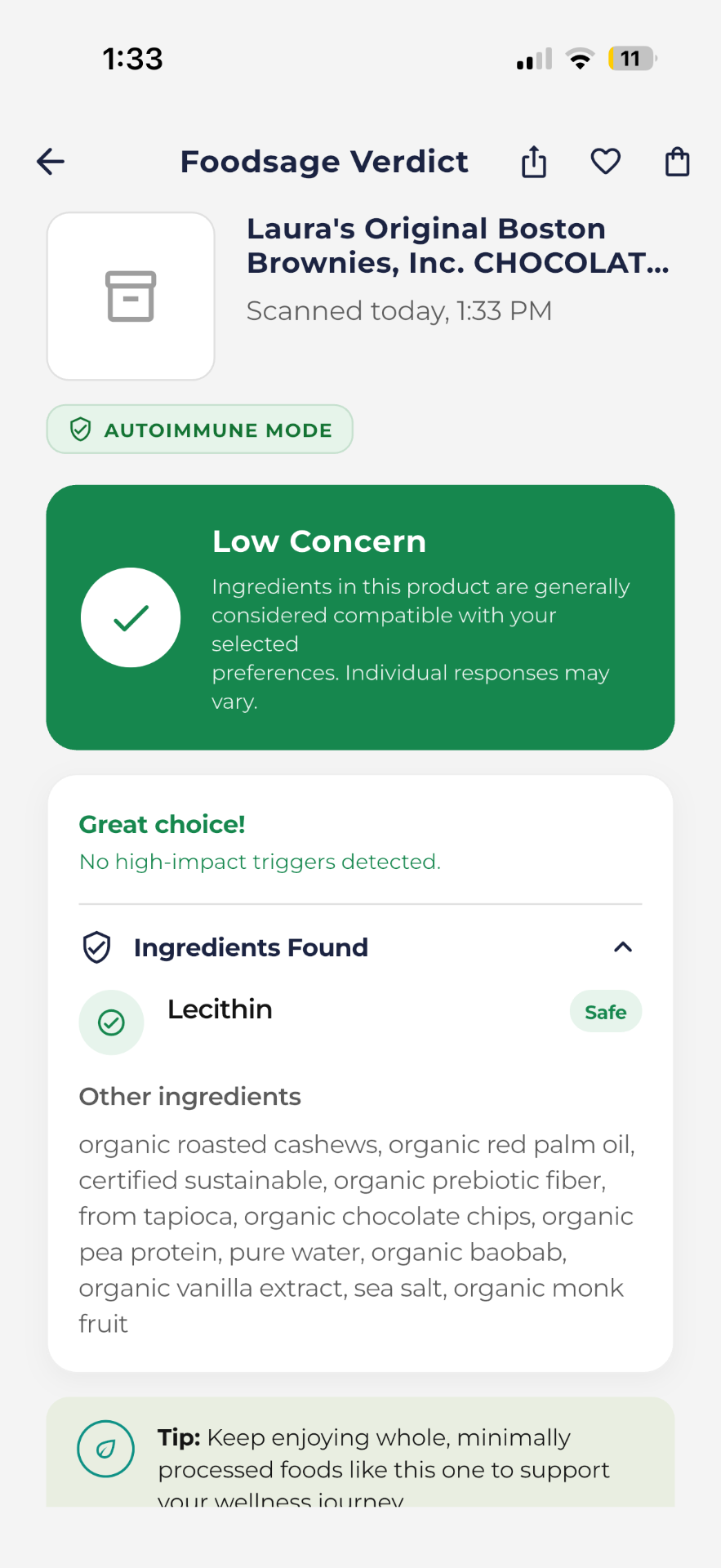 Foodsage Low-concern picks screen