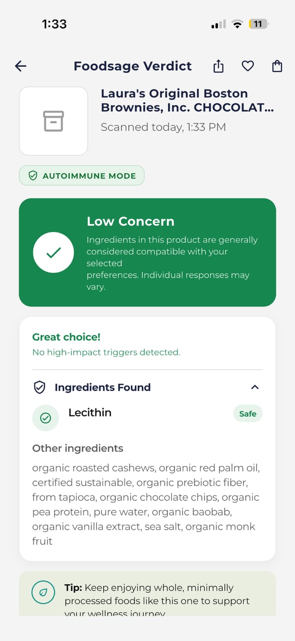 Foodsage Discover screen — Find low-concern picks and cleaner alternatives on the spot.