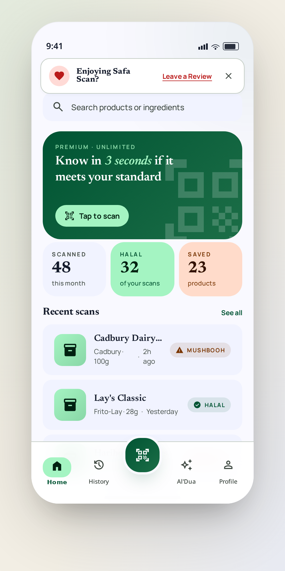 SafaScan mobile app home screen showing scan card, halal stats, and recent scans