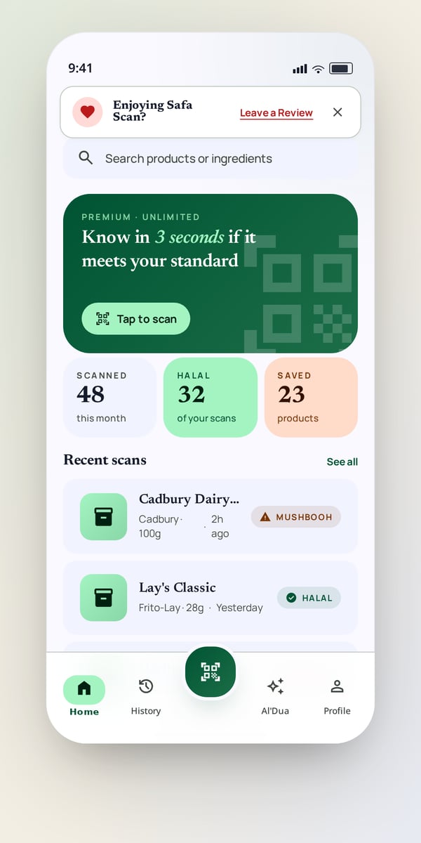 SafaScan Home screen — Know in 3 seconds if a product meets your standard.