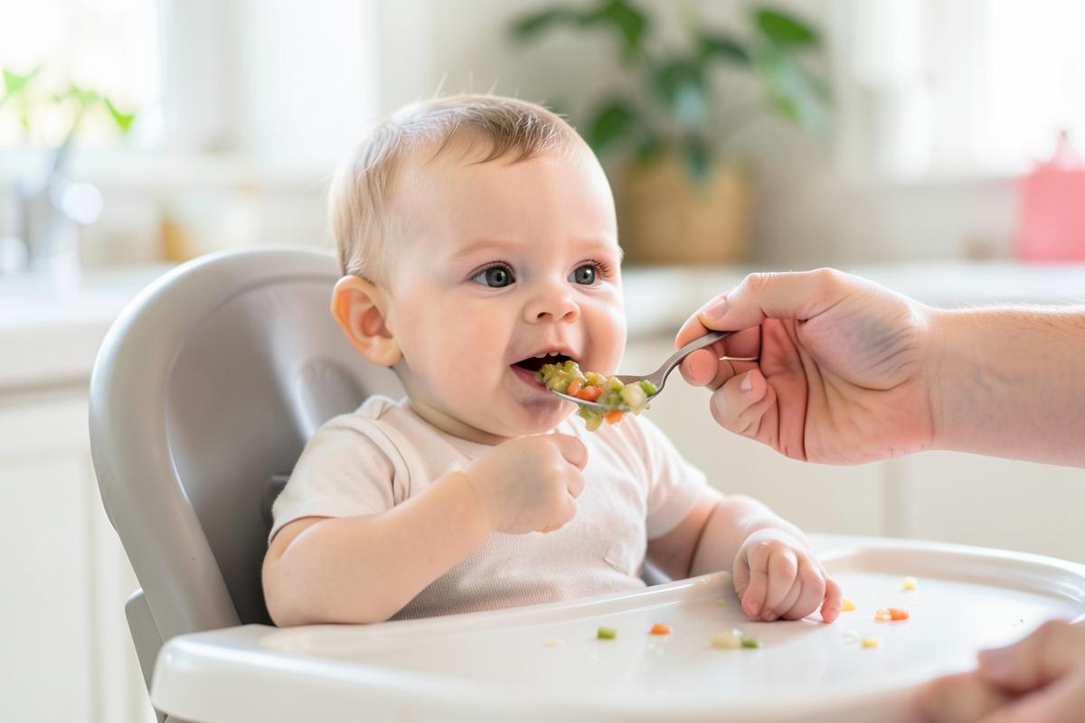 Six month old baby in a high chair being spoon fed pureed vegetables