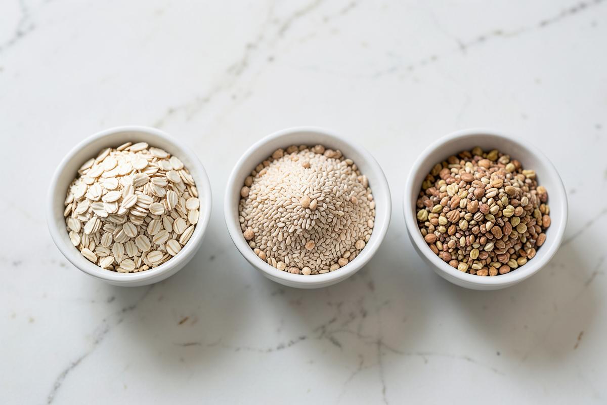 Three bowls of dry infant cereal side by side: oat, rice and multigrain