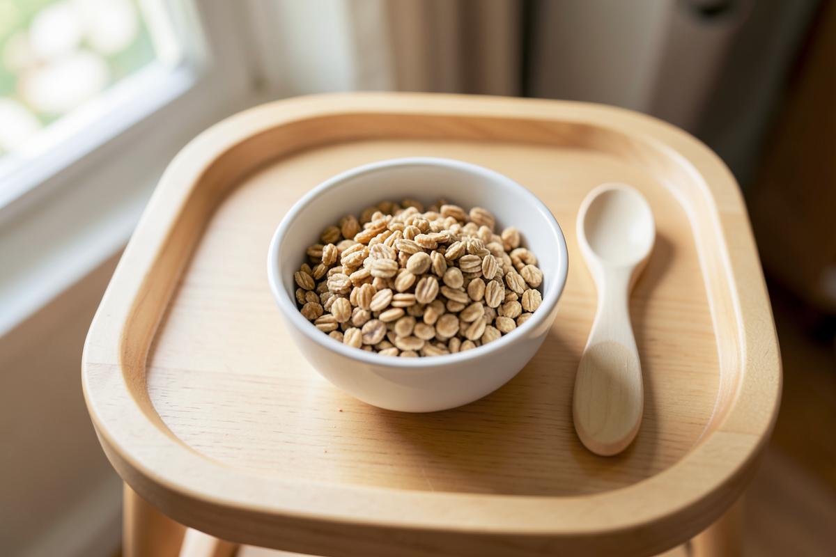 Bowl of iron-fortified baby oat cereal and a soft spoon on a wooden high chair tray