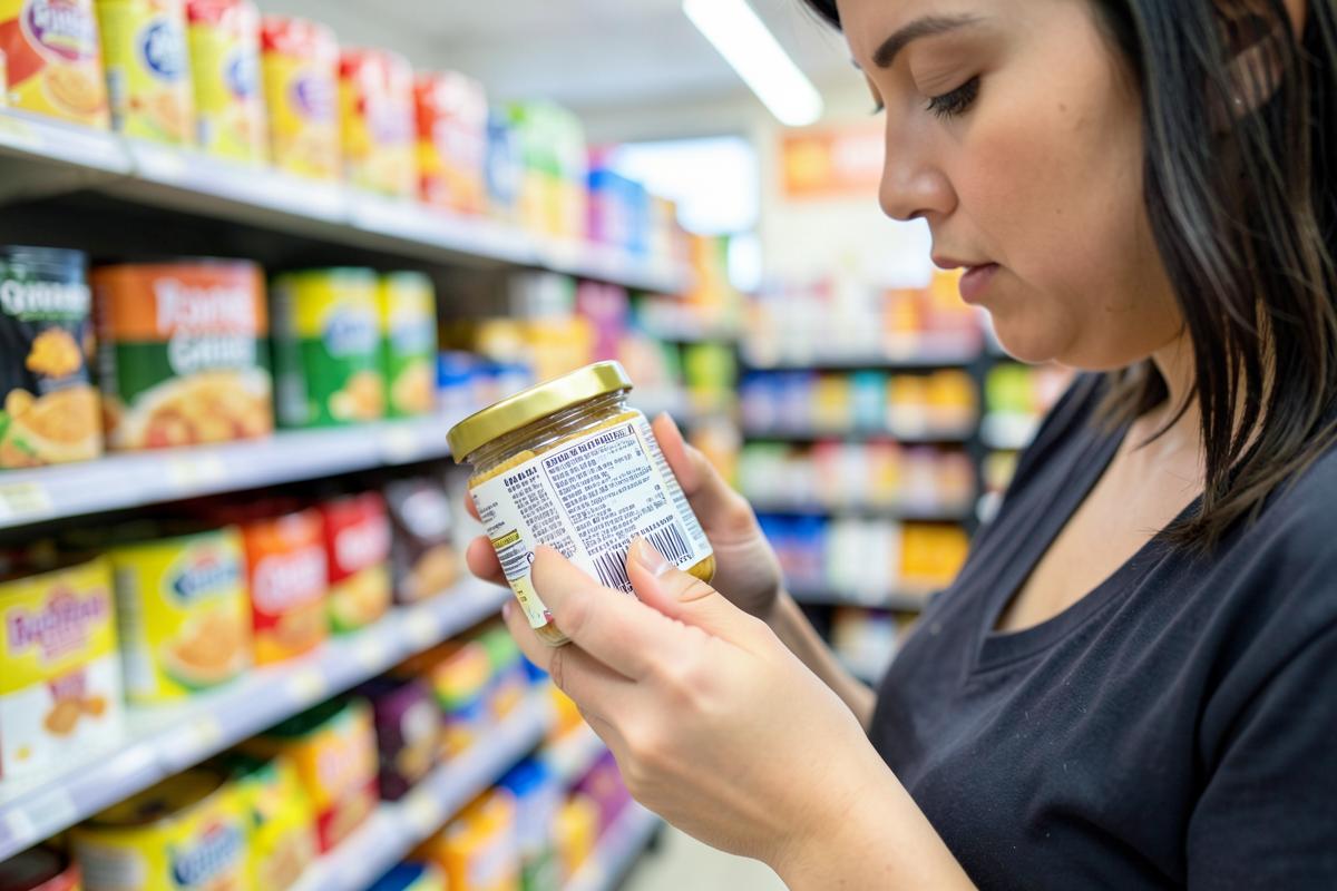 Parent reading the ingredient label on a baby food jar in a grocery aisle