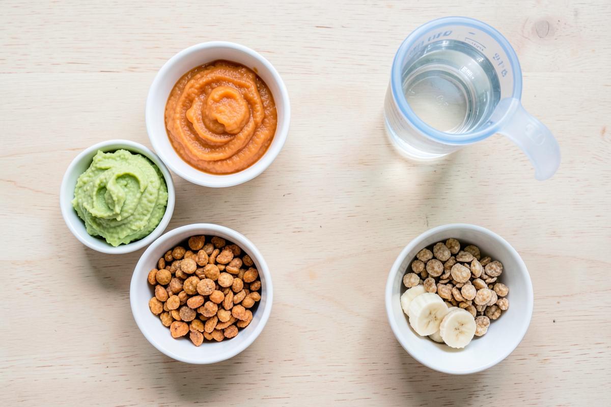 Small bowls of first foods: mashed avocado, sweet potato puree, infant cereal, banana and a cup of water