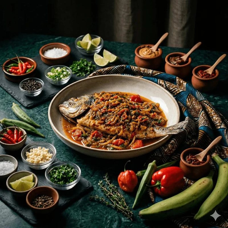 A whole fish in a tomato and onion stew on a plate, surrounded by okra, plantain, peppers, limes and small bowls of spices