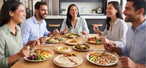 A group of coworkers laughing and sharing plates of salads, hummus, falafel and grilled chicken at a table