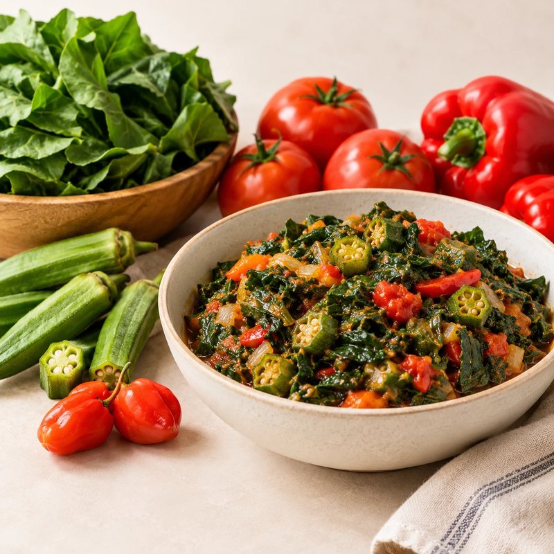 A bowl of cooked leafy greens with sliced okra and tomato beside fresh tomatoes, red peppers, okra and a bowl of raw greens