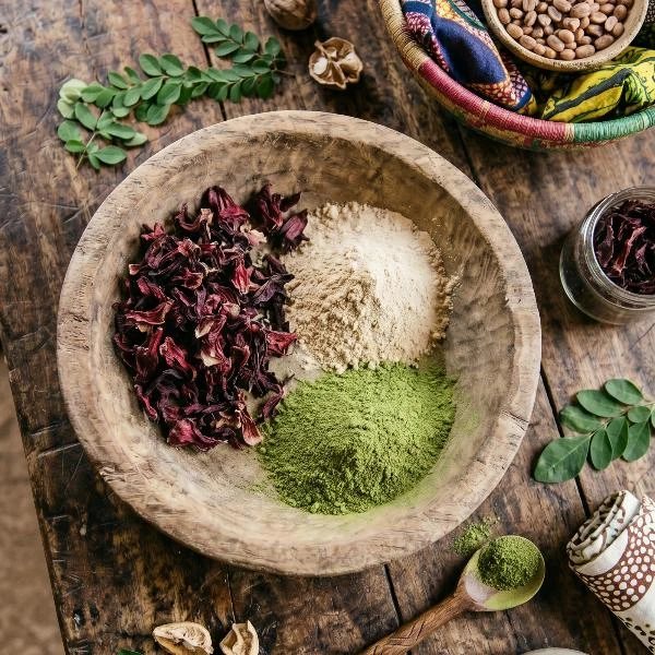 A wooden bowl holding dried dark red hibiscus calyces beside a cream powder and a green powder
