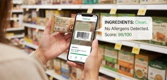 A shopper in a grocery aisle scanning a snack bar barcode with a phone that shows an ingredient result