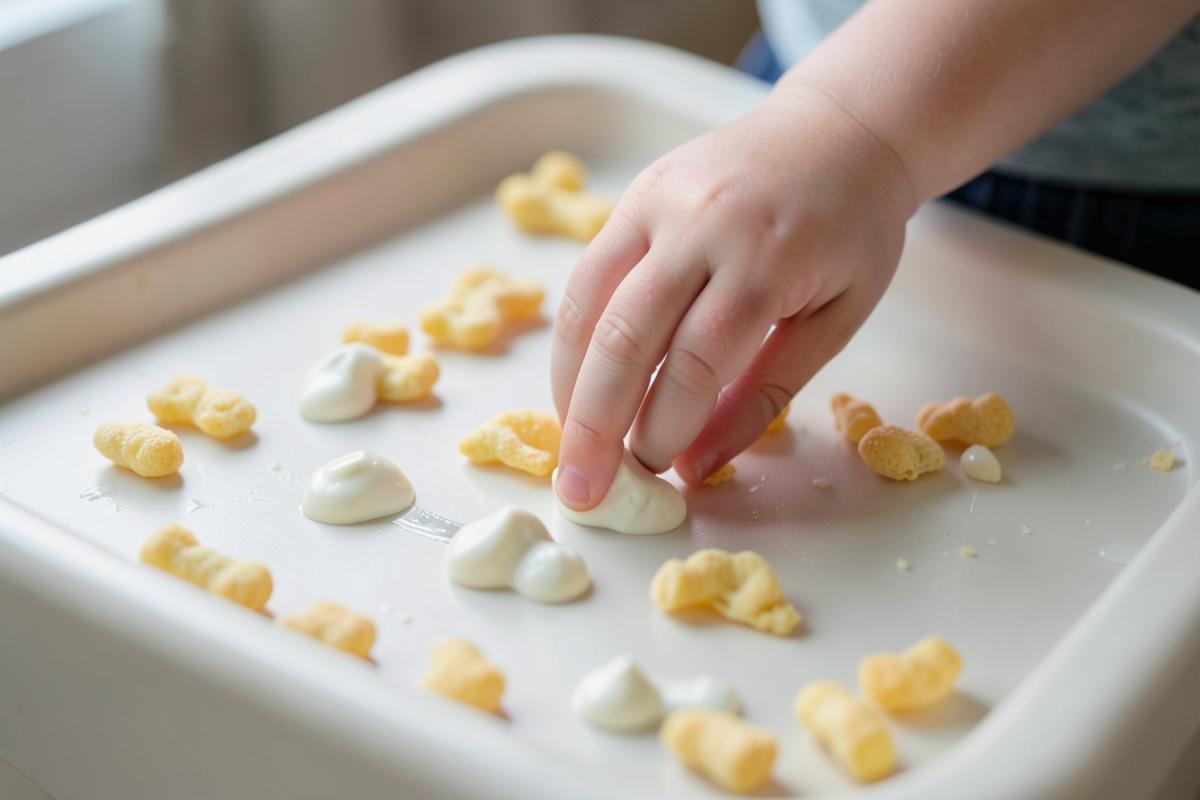 Yogurt melts and puff snacks on a high chair tray with a toddler reaching for one
